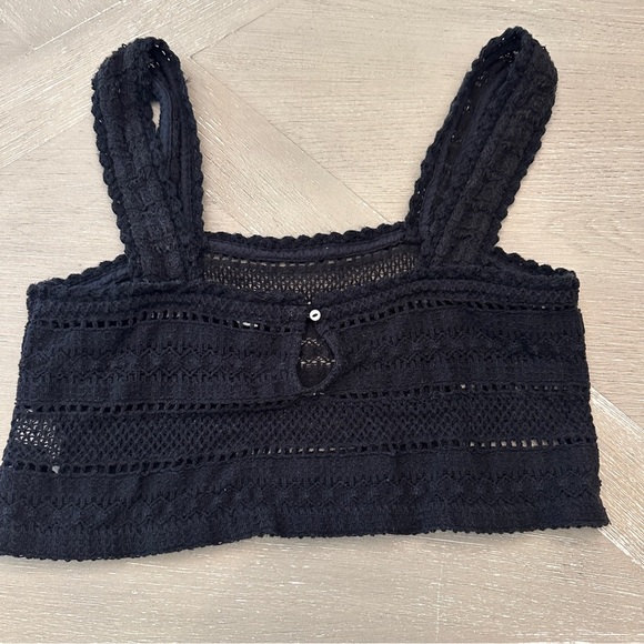 Aerie Black Ribbed Crop Tank Top Crocheted - Picture 3 of 5